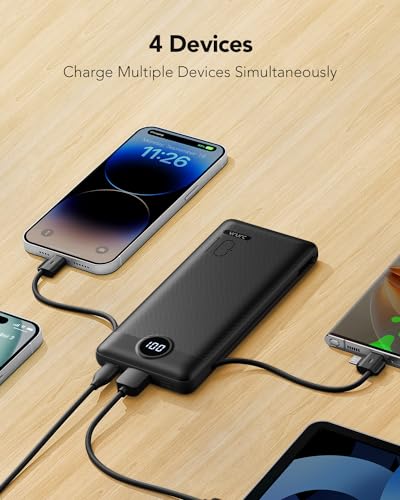 VRURC Portable Charger, Power Bank Built-in Cables and AC Wall Plug | USB C Portable Bank 10000mAh,Travel Essentials Phone Charger Compact External Battery Pack for Smart Phones,Tablets-Black - color: Black