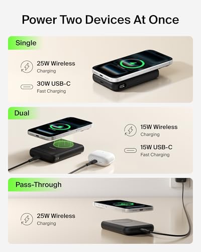 Belkin 10000mAh Qi2.2 25W MagSafe Power Bank w/Kickstand & Display | Wireless Charging Battery Pack, iPhone 17, Air, Pro, Pro Max, Google Pixel 10, Digital Battery Display, Magnetic - color: Black