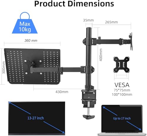 suptek Monitor and Laptop Mount Holds 13-32 inch Computer Screen, Adjustable Monitor Arm Stand with Laptop Tray for 13-27 inch, Hold 22 lbs, with Clamp and Grommet Mounting Base - style: Dual laptop & monitor mount