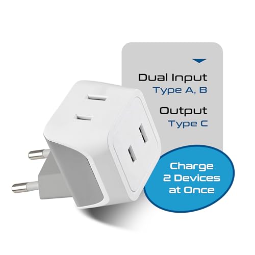 Ceptics European Travel Plug Adapter Europe Power Adaptor Charger Dual Input - Ultra Compact - Light Weight - USA to any Type C Countries such as Italy, Iceland, Austria and More (CT-9C), white | USA to Type C adapter, Lightweight Design, European Plug Ad