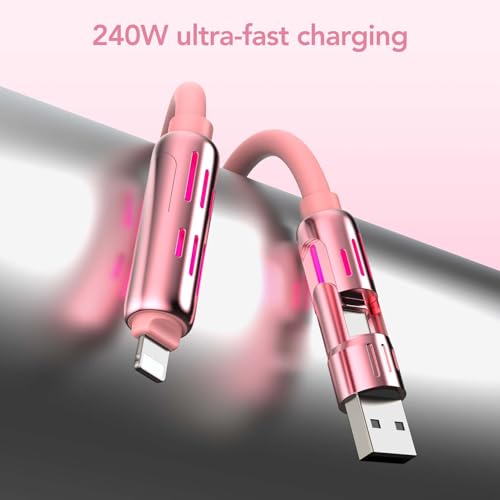 MFish 240W 4-in-1 Charging Cable with Carrying Case, 6.6FT Fast Charger USB-A & USB-C to USB-C/Lightning, for iPhone 17/16/15/14, MacBook, iPad, Samsung S25/S24 (Pink, 6.6Ft) - color: Pink, size: 6.6Ft