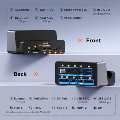 TobenONE 18-in-2 MacBook Docking Station Dual Monitor 4K@60Hz, 150W Adapter | Plug and Play, Vertical Dock Stand for MacBook Pro/Air, 2 HDMI and DP, 7 USB, 2.5GbE, 2 Audio, Space-Saving for Home Office