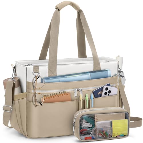 RAINSMORE Teacher Tote Bag for Women 15.6 Inch Laptop Briefcase with Clutch Bag, Nurse Bags Professional Work Handbag for Office College Nursing, Utility Tote Messenger Shoulder Bag, White And khaki - color: White and Khaki
