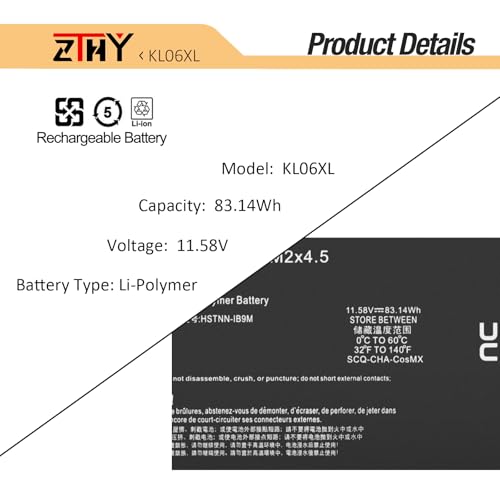 KL06XL L85885-005 Laptop Battery Replacement for HP Envy 15-EP 15-EP0000 | 15-EP0000NS 15-EP0000NU 15-EP1010TX 15-EP0100TX 15-EP0031UR 15-EP0123TX KL06083XL HSTNN-IB9M L85853-1C1 11.58V 83.14Wh 6-Cell - size: 12.87*2.83*0.31 inch KL06XL