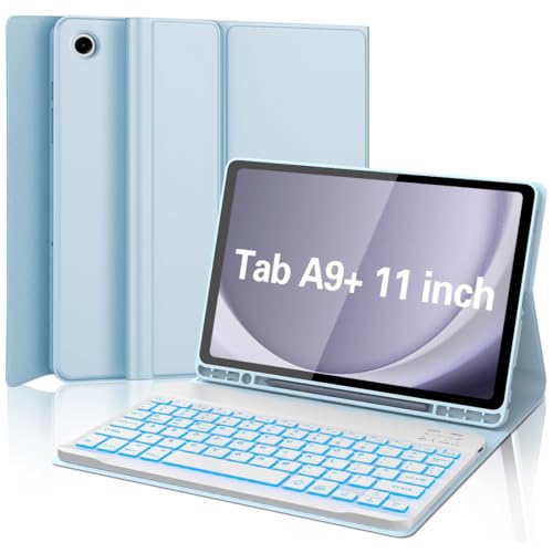 Keyboard Case for Samsung Galaxy Tab A9 Plus 5G 11 inch 2023 (SM-X210/X216/X218), 7 Color Backlit Detachable Keyboard Bluetooth, Smart Folio Cover with S Pen Holder for Galaxy Tab A9+ 11", Blue - color: Blue