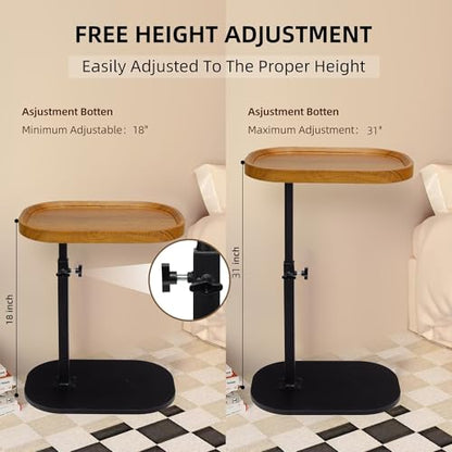 End Table Adjustable Height, 360°Swivel TV Tray C Table for Couch Sofa Bed, Wood Side Table for Living Room Bedroom Small Spaces