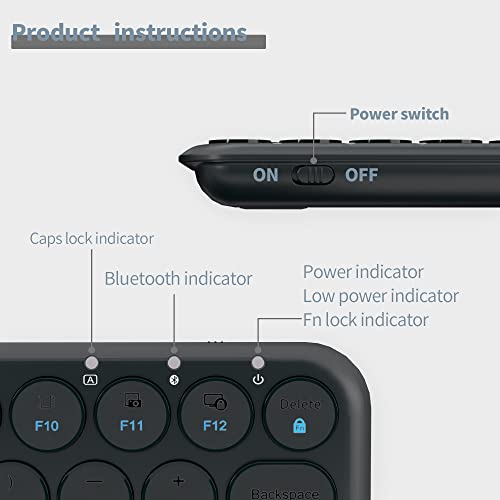UBOTIE Portable Slim Bluetooth Keyboard, Wireless Colorful Compact 78keys Silent Linear Scissor Switch Round Keycaps TKL Keyboards with Power on/Off for Tablet, PC, Laptop, Smart Phones（Black）