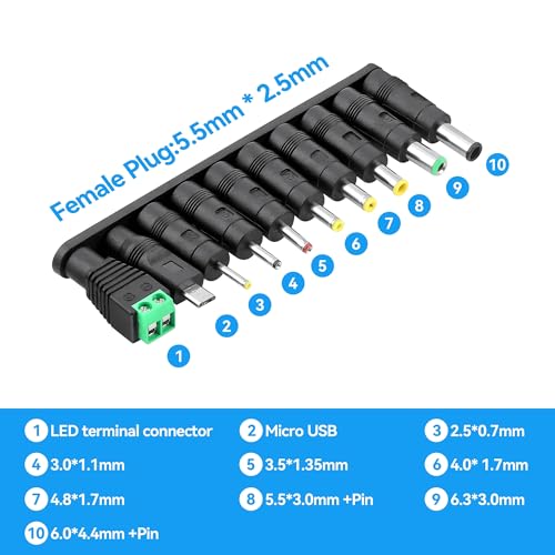 DC Adapter 10 Connector Set, DC Barrel Jack Plug Power Adapter 5.5x2.1 mm Female to Male Tips Connector Kit Compatible with Monitor Webcam Router Mini PC Laptop