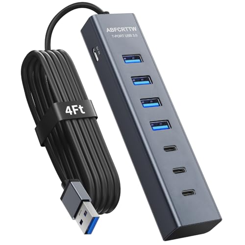 4Ft 7-Port USB Hub 3.0 for Desktop, 4 USB-A & 3 USB-C Ports Aluminium 5Gbps USB Extender Hub, USB Splitter, USB Hub Long Cable for Desktop, PC, Flash Drive, Mobile HDD SSD, Windows/XPS - size: 4FT