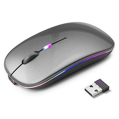 KANMABPC Wireless Bluetooth Mouse – Rechargeable, Silent, Dual Mode (Bluetooth 5.2 & USB) with LED Lights – Portable for Laptop, Desktop, & Tablet(Grey) - color: grey