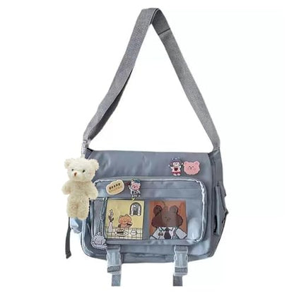 Kawaii Crossbody Ita Bag for Women with Pin & Plush Bear - Japanese Messenger Bags Y2K Shoulder Purse - color: A Blue