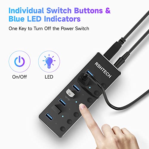 Powered UBS Hub, RSHTECH 7 Port USB 3.0/USB C Hub Upgraded Version Aluminum USB Splitter with 2-in-1 USB Cable,5V 3A Power Adapter and Individual Switches, USB Port Expander for Laptop/PC, RSH-ST07 - size: 7-PortUSB 3.0/USB C Hub