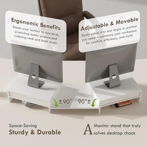 LAPTAIN Wooden Dual Monitor Stand with 2 Drawers, Monitor Stand Riser with Adjustable Length and Angle, Solid Wood Desktop Organizer Stand for Laptop/PC/Computer, No Assembly Required