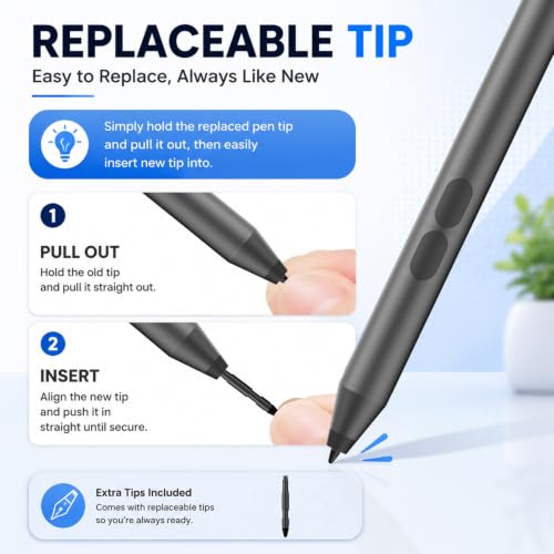 Active Pen for Dell 2-in-1 Touchscreen Laptop, MPP Stylus, Palm Rejection | 1024 Pressure Level, Palm Rejection, Dual Shortcut Buttons, 2500-Hour Battery for Inspiron 5379/7586, Latitude 3190/3390/7230 - color: Black