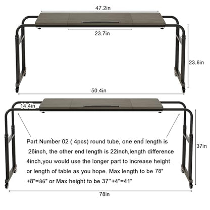 TigerDad Tilt Overbed Table with Wheels, Height Adjustable Rolling Desk for King Queen Bed, Tilting Laptop Cart Mobile Computer Workstation, Dekuwood - color: Tilt Overbed Table- Dekuwood