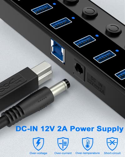 Qeefun Powered USB Hub, 7-Port USB 3.0 Data Extender with Individual LED On/Off Switches and 12V/2A Power Support Port, USB Splitter Expander for Laptop, Desktop PC, iMac and More - style: A to 7A