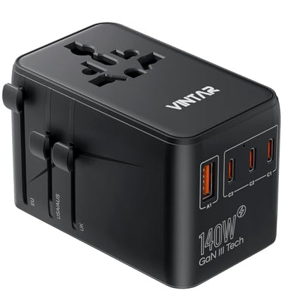 VINTAR 140W GaN Universal Travel Adapter, 6-in-1 International Power Adapter with 2AC, 3 USB-C PD & 1 USB-A QC, All-in-One Charger Compatible with EU/UK/US/AU for Laptops, Tablets, Phones, Cameras - color: 140W Black