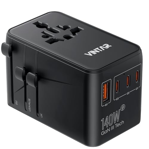 VINTAR 140W GaN Universal Travel Adapter, 6-in-1 International Power Adapter with 2AC, 3 USB-C PD & 1 USB-A QC, All-in-One Charger Compatible with EU/UK/US/AU for Laptops, Tablets, Phones, Cameras - color: 140W Black