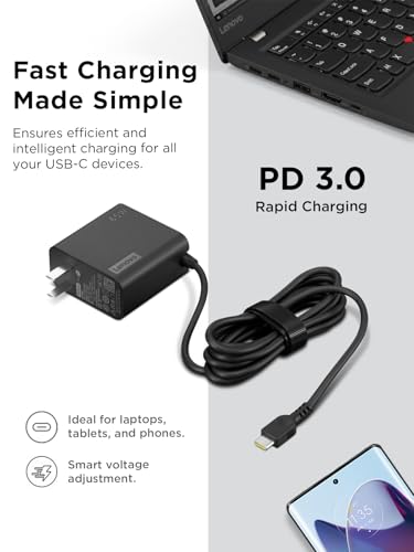 Lenovo USB-C 65W Wall Charger - PD 3.0 - Power Adapter for Laptop, Tablet, Notebook, USB-C Compatible Devices - Slim, Light and Portable with 5.9 Foot (1.7m) Cable - Black