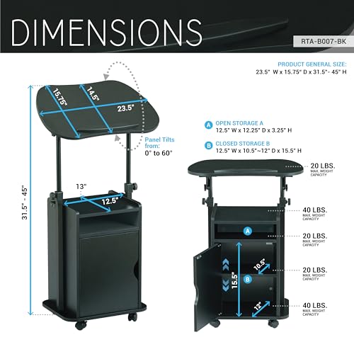 Techni Mobili Adjustable Laptop Cart w/Storage, Rolling Mobile Desk, Black | Adjustable laptop cart with storage cabinet, shelf, locking wheels, sit‑stand height for home office, bedside, classroom - color: Black