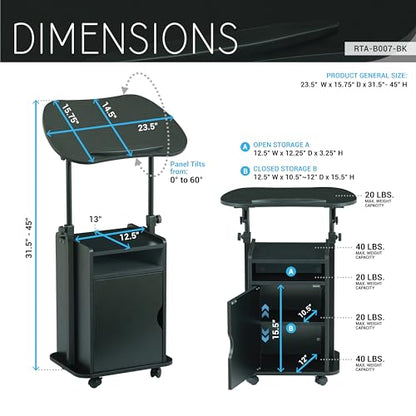 Techni Mobili Adjustable Laptop Cart w/Storage, Rolling Mobile Desk, Black | Adjustable laptop cart with storage cabinet, shelf, locking wheels, sit‑stand height for home office, bedside, classroom - color: Black