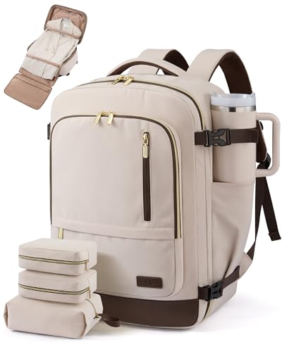 LOVEVOOK 40L Travel Backpack for Women Men with Garment Bag, Airline Approved Carry on Luggage Travel Essentials with 3 Packing Cubes, TSA Overnight Bags Weekender Essentials Backpacks fits 17" Laptop - color: Gray Pink-coffee, size: 40L-4Pcs
