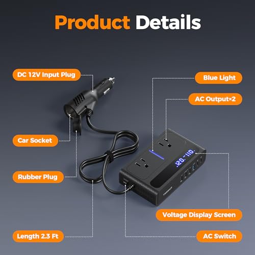 TESSAN 200W Car Power Inverter, 36W USB C Car Charger Adapter Fast Charging | Converter with 2 AC Outlets & 6 USB Ports, PD/QC 3.0 Fast Charging Car Adapter for Phones, Camping, Road Trip & Travel, Black - size: 36W
