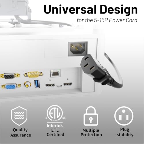 Vockjour Universal 5ft(1.5m) Power Cord, 3-Prong Pure Copper ETL, Black | 10 Amps 125 Volts NEMA 5-15P to C13 AC Cable for TV Monitor PC Printer PlayStation Samsung Dell HP Sony LG Apple Vizio Asus - size: 5FT