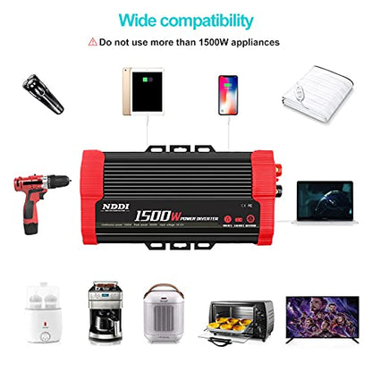 1500W Car Power Inverter Adapter | 12V DC to 110V AC Car Converter Charger Adapter with Dual 3.1A USB Port and AC Outlets Quick Charging - size: 1500W