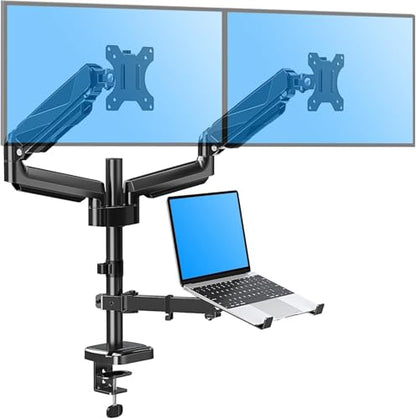 MOUNTUP Dual Monitor and Laptop Mount, Adjustable Monitor Stand for 2 Max 27" Computer Screens, Laptop Tray Fits 10-17inch Notebook, Holds 4.4-17.6lbs Per Arm, 3-in-1 Adjustable Monitor Desk Mount - size: Triple, style: With Pole