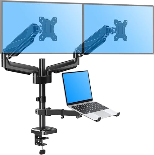 MOUNTUP Dual Monitor and Laptop Mount, Adjustable Monitor Stand for 2 Max 27" Computer Screens, Laptop Tray Fits 10-17inch Notebook, Holds 4.4-17.6lbs Per Arm, 3-in-1 Adjustable Monitor Desk Mount - size: Triple, style: With Pole