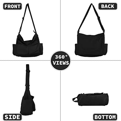 Canvas Messenger Bag Large Hobo Crossbody Bag with Multiple Pockets Casual Shoulder Tote Bag for Women and Men - color: Black