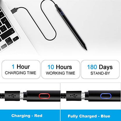 Mixoo Active Stylus Pen for iPad - Rechargeable 1.6mm Fine Tip and Fiber Tip 2-in-1 High Sensitivity Smart Pencil Digital Pen for Drawing and Writing, Compatible with Apple iPad, iPhone Series - Black