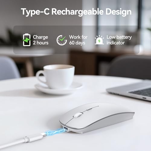 TECKNET Bluetooth Wireless Mouse, Rechargeable Silent Portable Computer Mouse, 6 Adjustable DPI, Dual Mode (Bluetooth 5.2/3.0 and 2.4G USB Receiver) for Laptop, iPad, MacBook, PC, Desktop, Android - color: silver