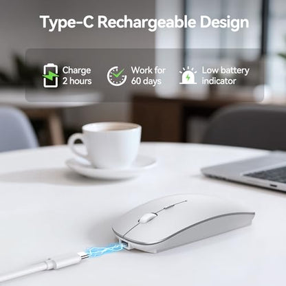TECKNET Bluetooth Wireless Mouse, Rechargeable Silent Portable Computer Mouse, 6 Adjustable DPI, Dual Mode (Bluetooth 5.2/3.0 and 2.4G USB Receiver) for Laptop, iPad, MacBook, PC, Desktop, Android - color: silver
