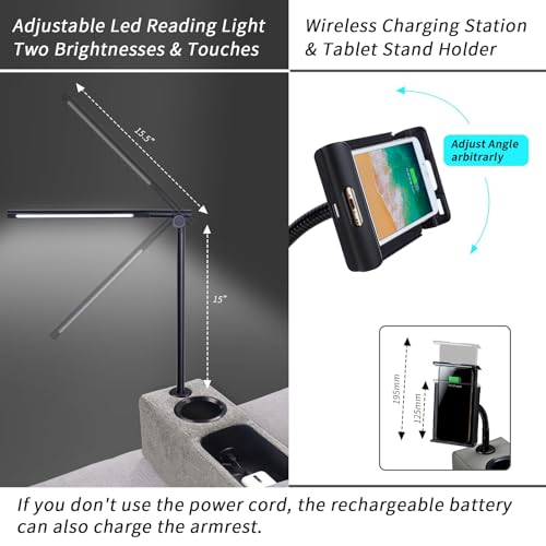 Multifunctional Sofa Armrest, Couch Armrest with Wireless Charge Stand, Removable Couch Caddy with Storage,Including LED Reading Light - color: Pewter, size: Fabric-1 CUP