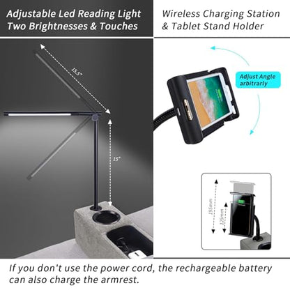 Multifunctional Sofa Armrest, Couch Armrest with Wireless Charge Stand, Removable Couch Caddy with Storage,Including LED Reading Light - color: Pewter, size: Fabric-1 CUP