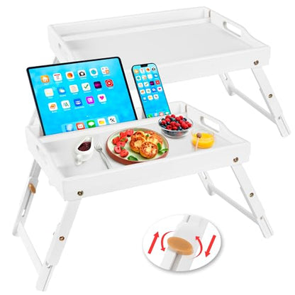 Greenual 2 Pack Bed Tray Table with Handles Folding Legs, Bamboo Breakfast Food Tray with Media Slot, Use As Platter, Laptop Desk, Snack, TV Tray Kitchen Serving Tray(White) - color: White