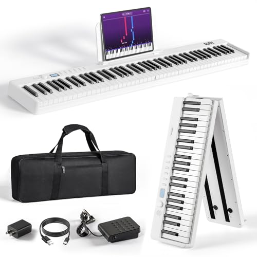 AiJoy 88-Key Portable Piano Keyboard with Semi-Weighted Keys Folding Piano | Built-in Speakers/MIDI, Long Battery Life Electric Keyboard Piano for Beginners - color: White