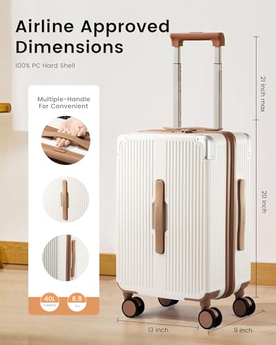 LOVEVOOK Hardside Carry On Luggage 22x14x9 Airline Approved, Small Suitcase | 20 Inch Hard Shell with 3 Multiple Handles, Silent 360° Spinner Wheels With TSA Lock for Trip - color: White&Brown