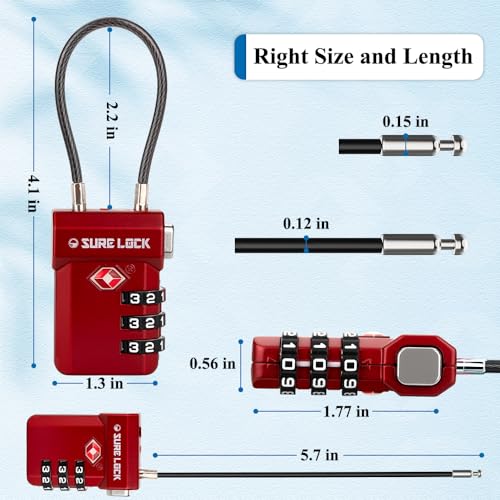 SURE LOCK TSA Approved Luggage Locks with Open Alert Indicator, 3 Digit Combination Cable Travel Lock for Suitcase, Backpack, Gym Locker, Toolbox, Carry On & Travel Bag - color: RED 2 PACK