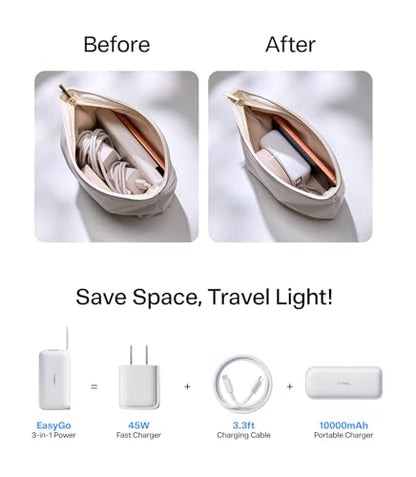 TORRAS EasyGo 10000mAh Power Bank, 3-in-1 45W USB-C Portable Charger | Wall Plug and 3.3ft Retractable USB-C Cable, Fast Charging Battery Pack for iPhone 17/16 Pro Max, Samsung, MacBook and iPad