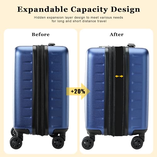 CENSIEN Expandable 16 Inch Carry On Luggage Airline Approved Small Suitcase | Lightweight ABS+PC Hard Shell Suitcases,360° Spinner Wheels,TSA Lock,YKK Zipper,Business Weekender Short Trips,Blue - color: Navy Blue, size: 16 Inch EXT