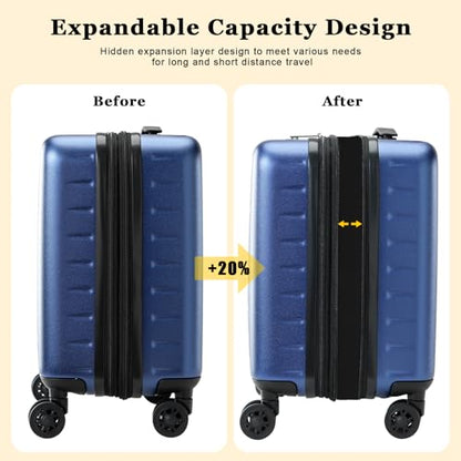 CENSIEN Expandable 16 Inch Carry On Luggage Airline Approved Small Suitcase | Lightweight ABS+PC Hard Shell Suitcases,360° Spinner Wheels,TSA Lock,YKK Zipper,Business Weekender Short Trips,Blue - color: Navy Blue, size: 16 Inch EXT