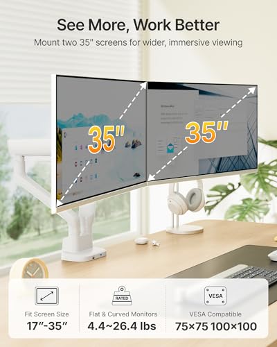 monTEK Mechanical Spring Dual Monitor Arm with USB for 27 32 34inch Screens | White, Built-in One-Way Bearing, Holds 26.4 lbs, VESA 75/100mm, C-Clamp/Grommet Base & Cable Management, Office, Home, Game - color: White, size: with USB
