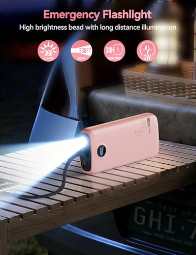 DIAMUAR Portable Charger 20000mAh 45W, Built in USB C Cable, 3W Flashlight | Fast Charging, Digital Display, 3 Ports, All-Day Power, Travel-Ready, for iPhone 17/16/15, Tablet, Laptop, Camping Essentials - color: Pink