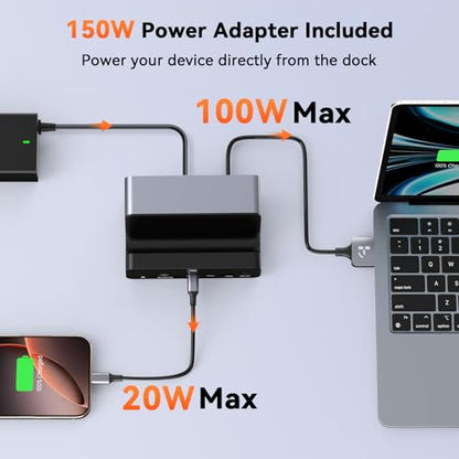 TobenONE 18-in-2 MacBook Docking Station Dual Monitor 4K@60Hz, 150W Adapter | Plug and Play, Vertical Dock Stand for MacBook Pro/Air, 2 HDMI and DP, 7 USB, 2.5GbE, 2 Audio, Space-Saving for Home Office