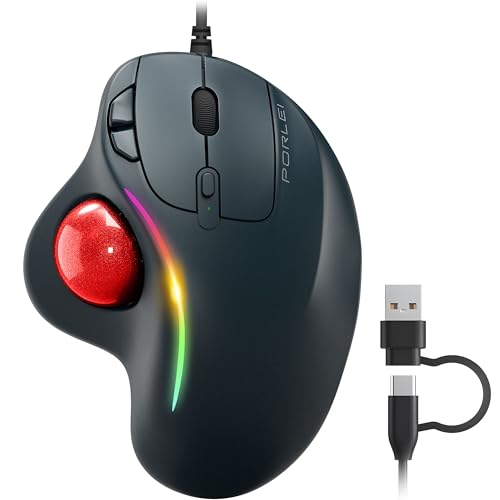 Wired Trackball Mouse with RGB Lighting, Ergonomic Thumb Control to Reduce Muscle Strain, 5 Adjustable DPI, Dual USB-C & USB-A Connectivity, Compatible with PC, Laptop, Mac, Windows-Red - color: D-Red
