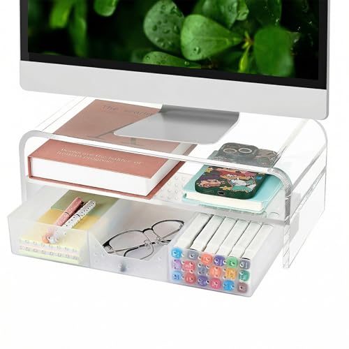 OPNICE Desk Organizer and Accessories, 2-Tier Computer Monitor Stand Riser with Drawer and 2 Pen Holders, Laptop Stand, Office Desk Accessories for Office Supplies, 1 Pack, Transparent - color: Transparent 1-Pack, size: Single