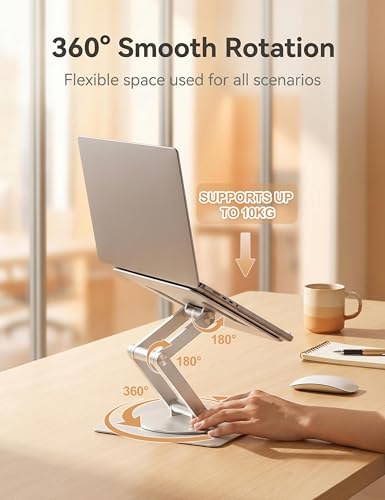 Laptop Stand, Dual-Axis Height Adjustable Ergonomic 360° Swivel | Anti-wobble carbon steel base, aluminum arm, 9.8" sit-to-stand height, hollow cooling panel, fits 10-17" MacBook & notebooks